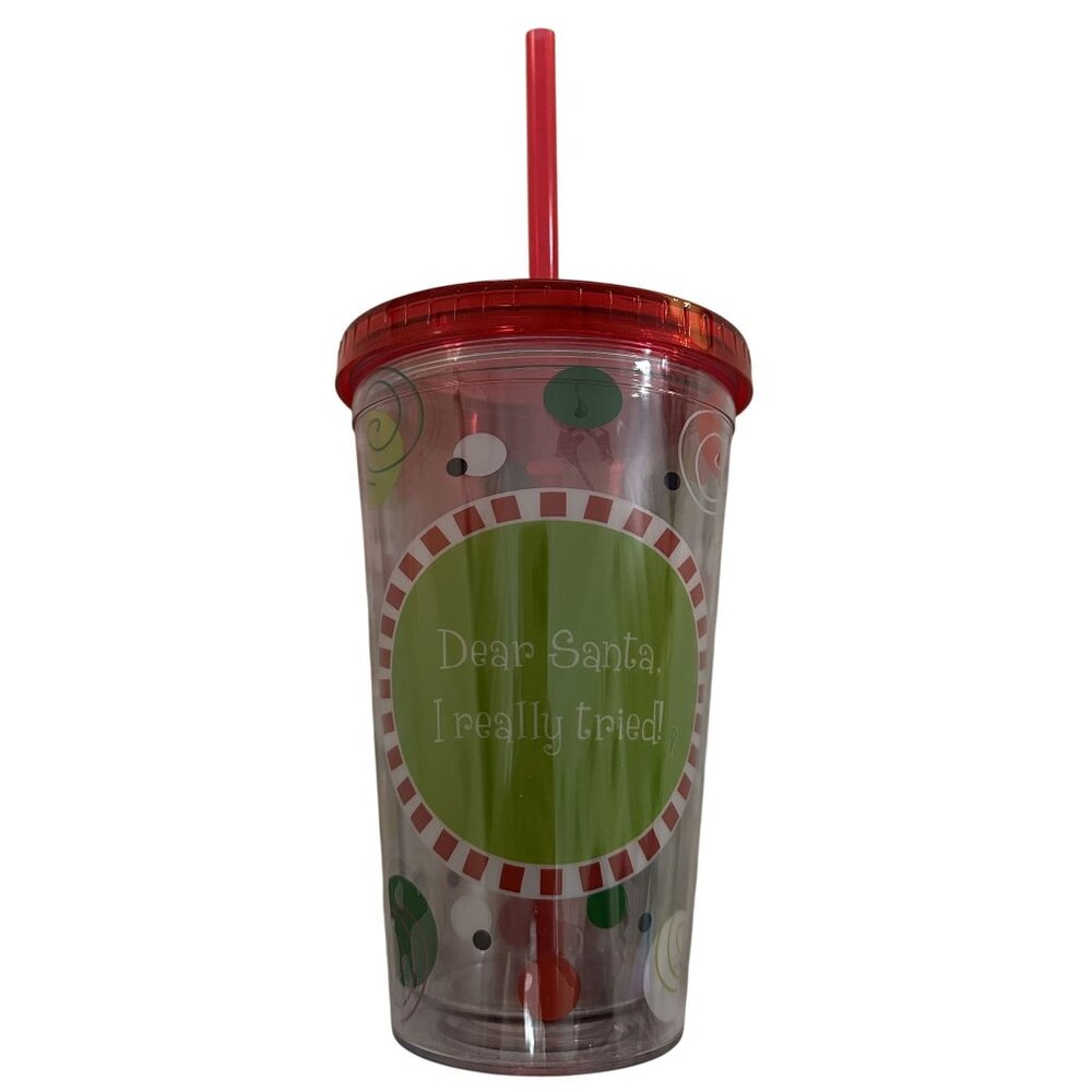 Christmas Tumbler w/ Lid & Straw DEAR SANTA I TRIED Clear Acrylic Red Green 17oz